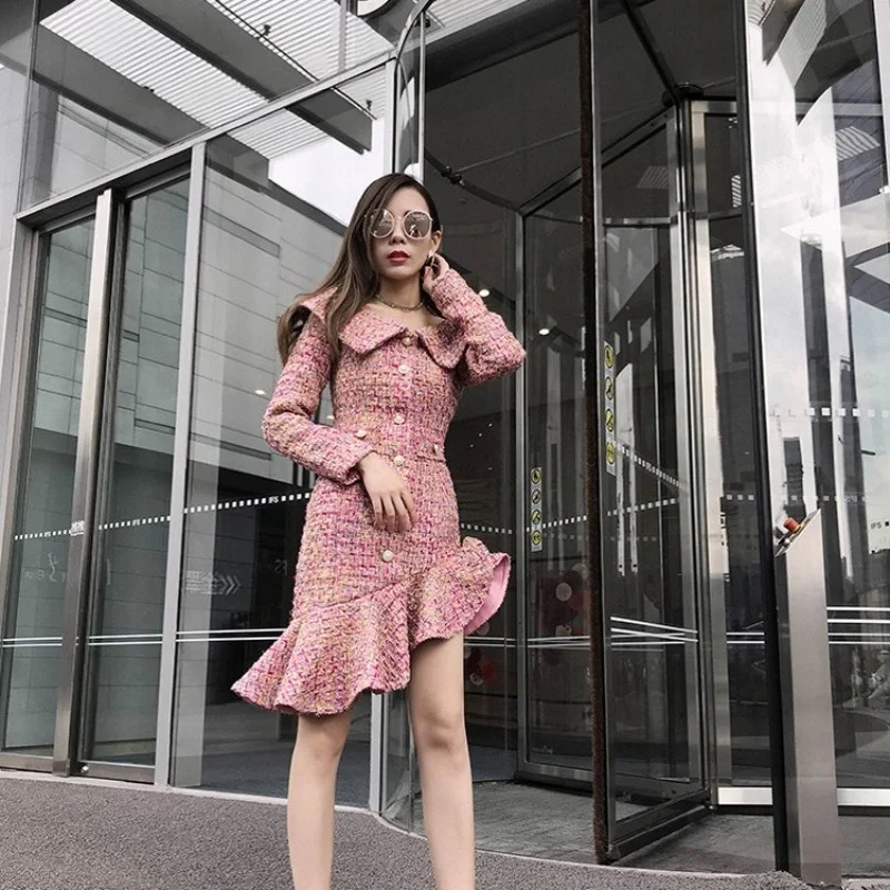 Long Women Sleeve Slash Neck Mermaid Dress 2022 New Single Breasted Asymmetrical Ruffle Office Ladies Slim Elegant Tweed Dresses