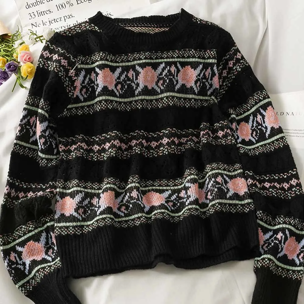 Spring Knitted Floral Print Hollow Pullover Women long Sleeve O-neck Knitwear Sweater Fashion Ladies Jumpers Femme 2022