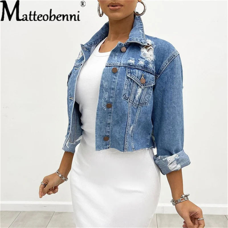 

Women Sexy Slim Jackets Ripped Long Sleeve Turn-Down Collar Single Breasted Crop Denim Jackets Fashion Casual Street Clothes