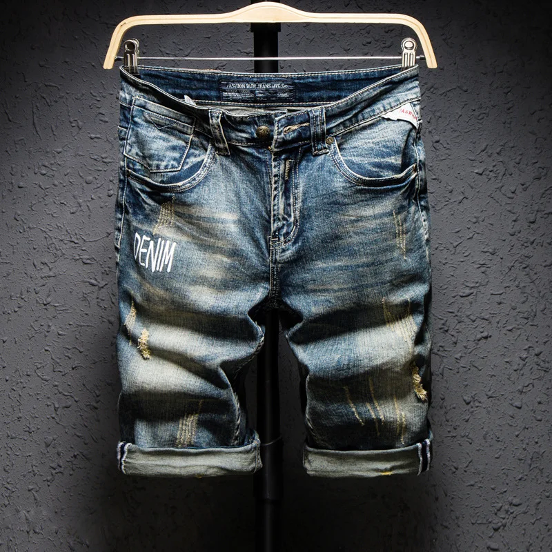 Classic Retro Distressed Men\'s Letter Printed Jeans Shorts Knee Length Straight Slim Frayed Trend Punk Male Denim Shorts