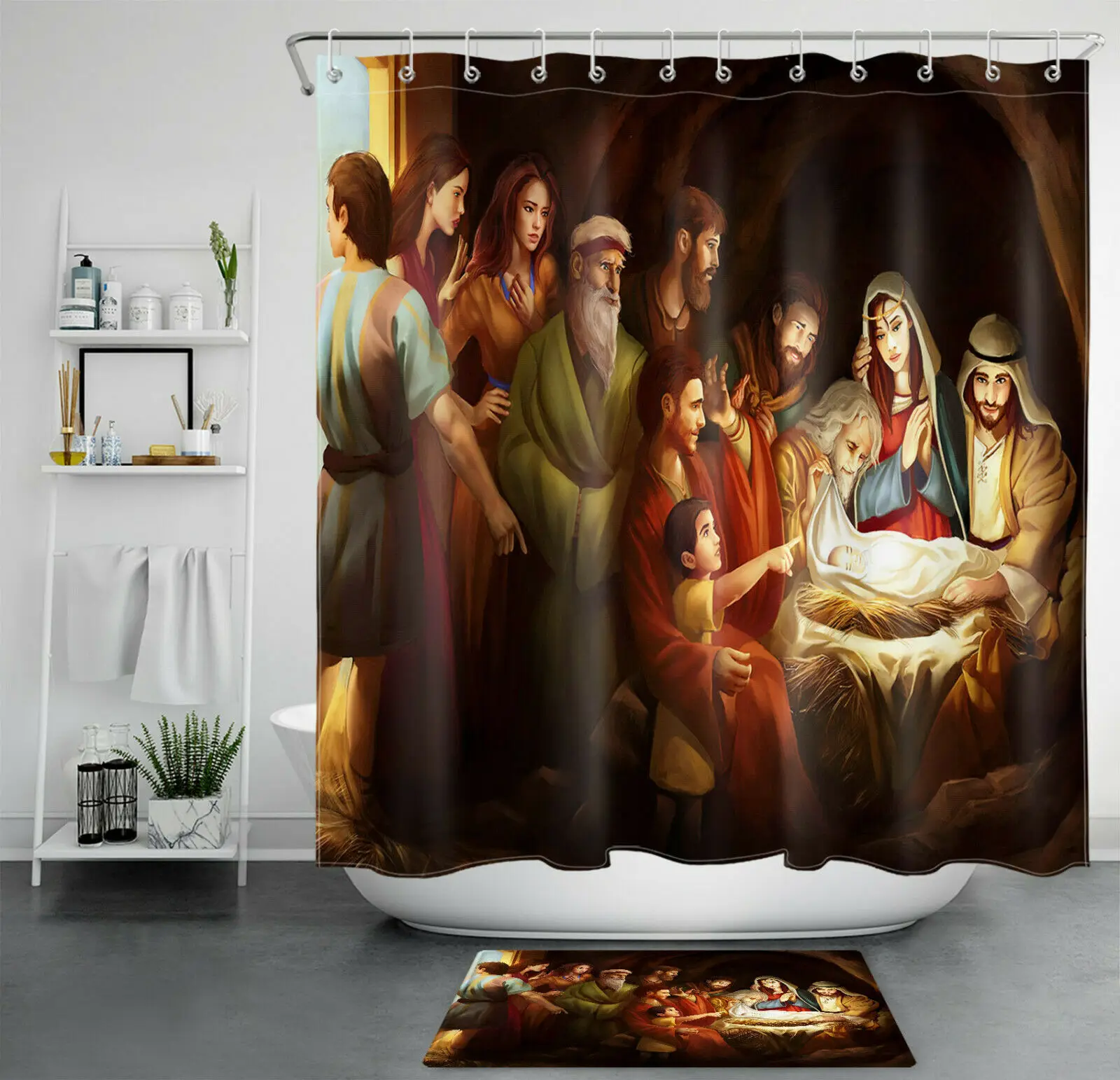 Jesus Was Born Birth Of Christ Shower Curtain Waterproof Farbic And Durable Faith With Hooks Bathroom Accessory