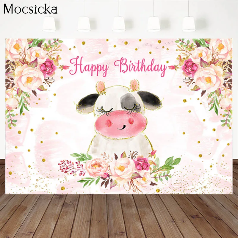 Mocsicka Birthday Party Photography Background Little Cow Pink Flower Decoration Props Newborn Baby Shower Photo Backdrop Studio