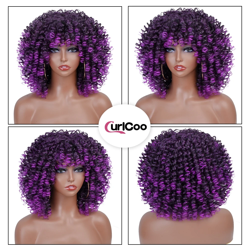 Short Hair Afro Kinky Curly Wigs With Bangs For Black Women Fluffy Soft Synthetic Wig Natural Brown Red Cosplay Highlight Wig