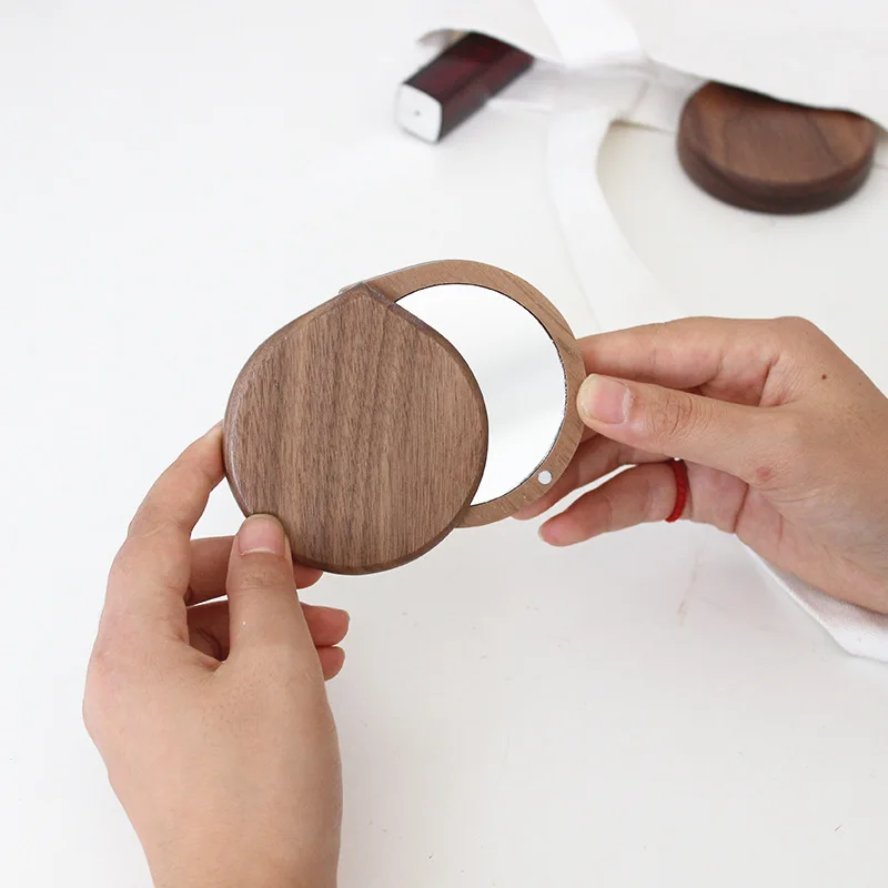 Wooden Mirror Round Foldable Mirrors Japanese Style Portable Walnut Small Mirror Make Up Outdoor