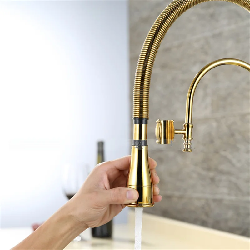 Gold Kitchen Sink Faucets, Hot and Cold Brass Rotating Mixer Tap, Pull Out Spray Nozzle, Single Handle, Dual Outlet, Deck Mount