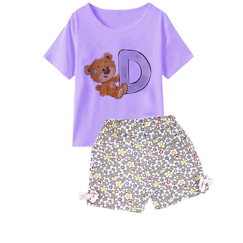 2 Piece Set Letter Baby Girl Clothes Girls Summer Clothes Set Short Sleeved T Shirts Shorts Cute Purple Tops Kids Casual Wear.