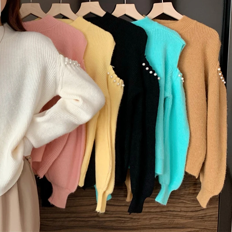 2021 Autumn Winter Sexy Off Shoulder Beading Sweater Blue White Knitted Pullovers Tops Soft Female Fashion Knitwear Jumper