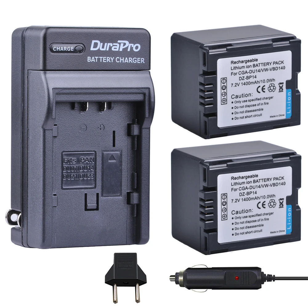 

DuraPro 2pc CGA-DU14 VW-VBD140 DZ-BP14 Li-ion Battery +Car Charger For Panasonic DU06 DU07 NV-GS10 VDR-M70/M50 NV-GS10 CGA-DU12