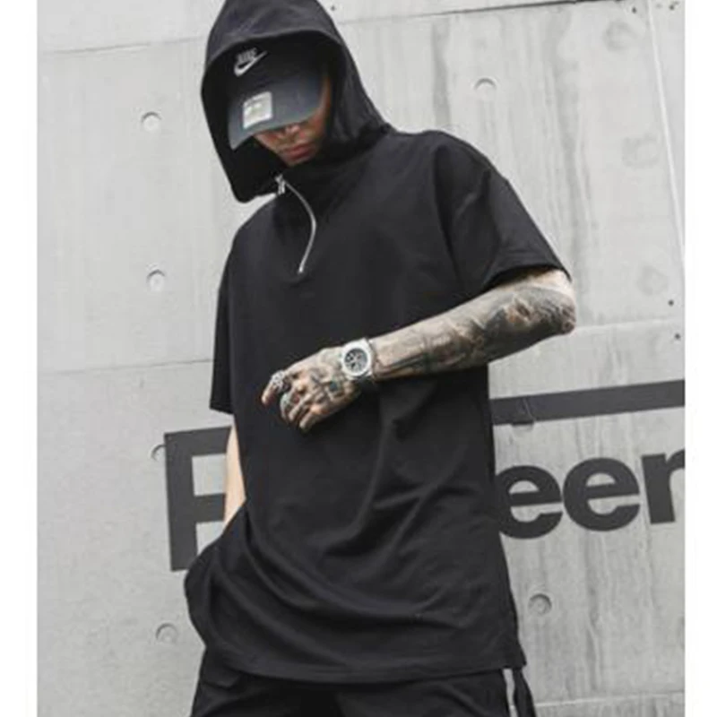 Men Fashion Casual Hooded T-shirt Male High Street Hip Hop Punk Tee Shirt Streetwear T Shirt