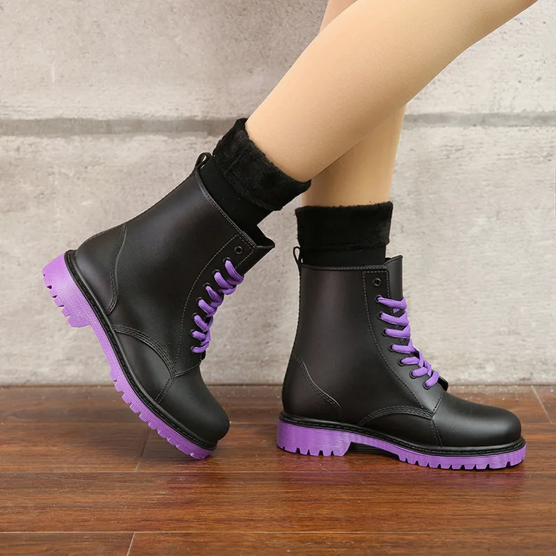 Women\'s Rainboots Waterproof Rain Shoes Platform Woman Mud Water Shoes Rubber Lace Up PVC Ankle Boots Sewing Rain Boots