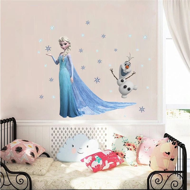 Lovely Olaf Elsa Queen Snowflakes Frozen Wall Sticker For Kids Room Decoration Cartoon Home Decals Anime Mural Art Movie Poster