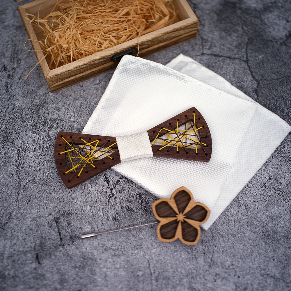 Mens Wooden bow tie Carved Wood Bowtie Pocket Square Cufflinks Set Floral Bowtie Wooden Box Suit Business Wedding