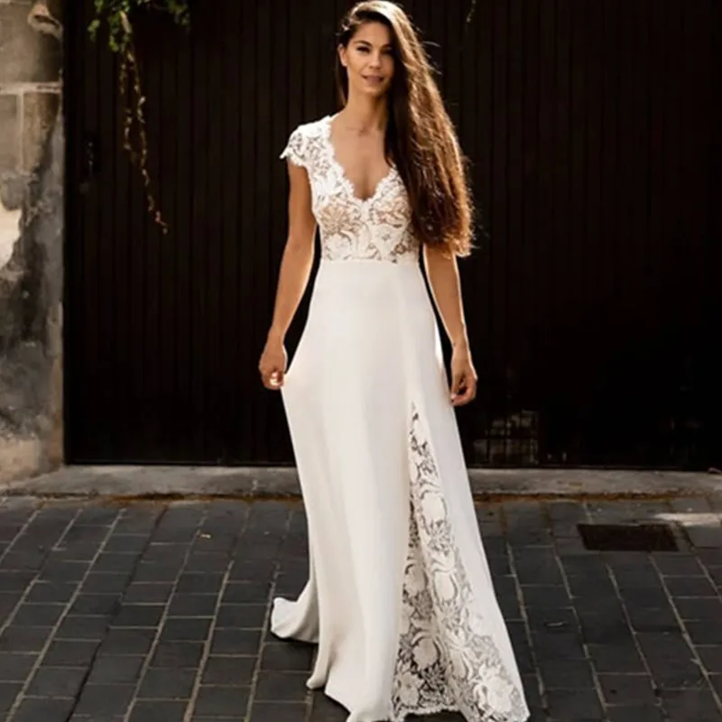 

Simple Elegant V Neck Wedding Dress 2021 Short Sleeve Backless Lace Applique Satin Sweep Train For Women Custom Made Bride Gown