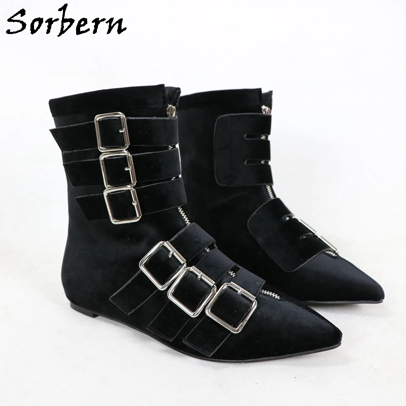 Sorbern Black Velvet Pointy Toe Boots Women Flat Heeled Cuban Ladies Booties Prvite Orders Western Boots Multi Buckle Straps