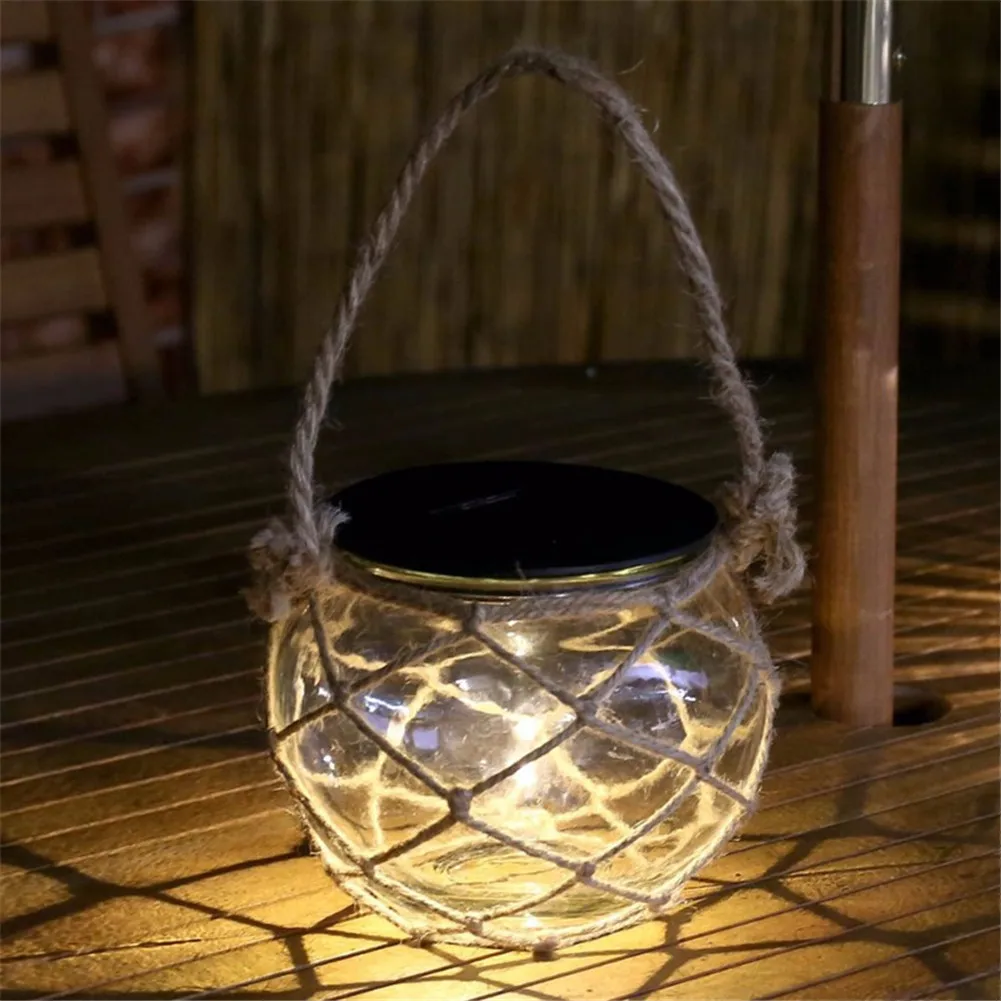 LED Solar Hanging Light Retro Glass Jar Rope Hanging Lamp For Outdoors Garden Courtyard Decoration