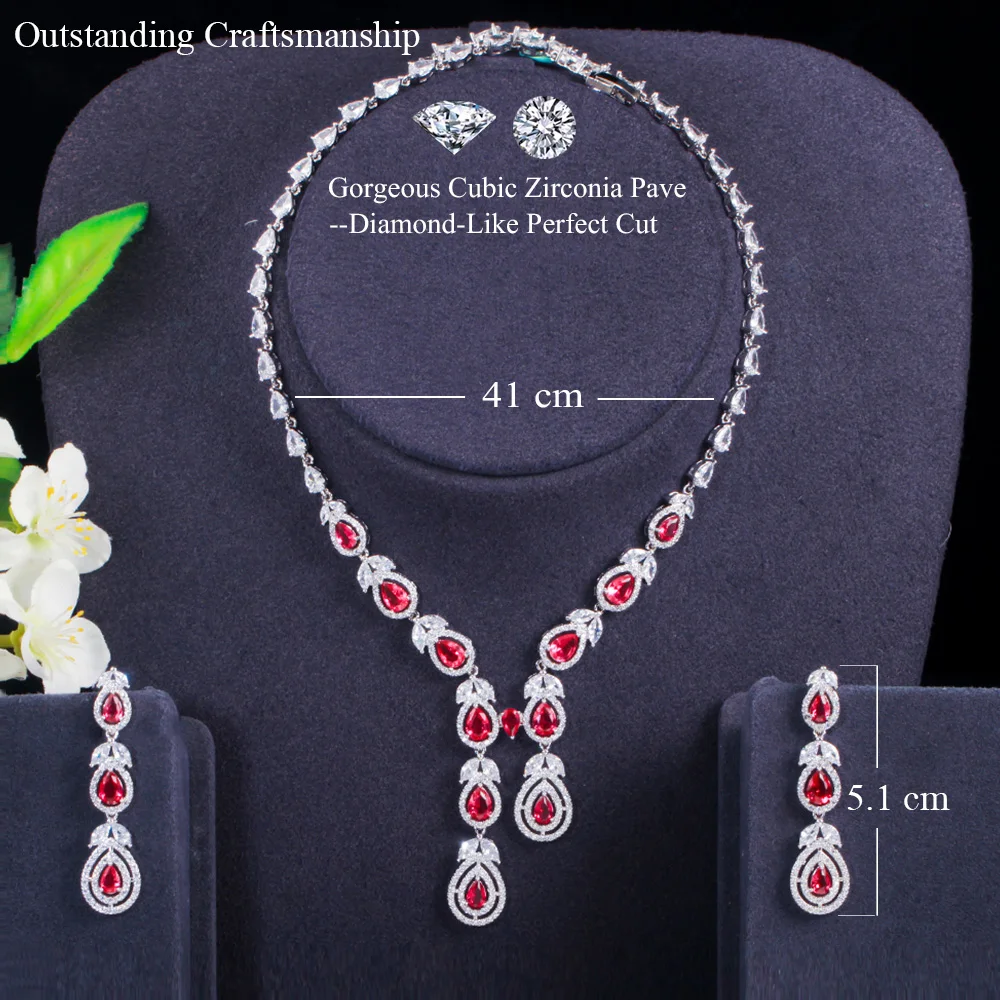 Pera Hot Pink Cubic Zirconia Silver Color Long Leaf Drop Necklace and Earrings for Bridal Luxury Party Wedding Jewelry Sets J416