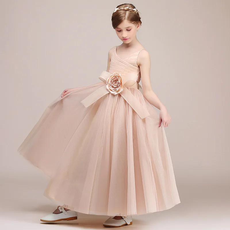 Muslimchampagne Tulle Flower Girl abiti per la festa di compleanno di nozze abito lungo formale per bambini abiti da principessa per ragazza