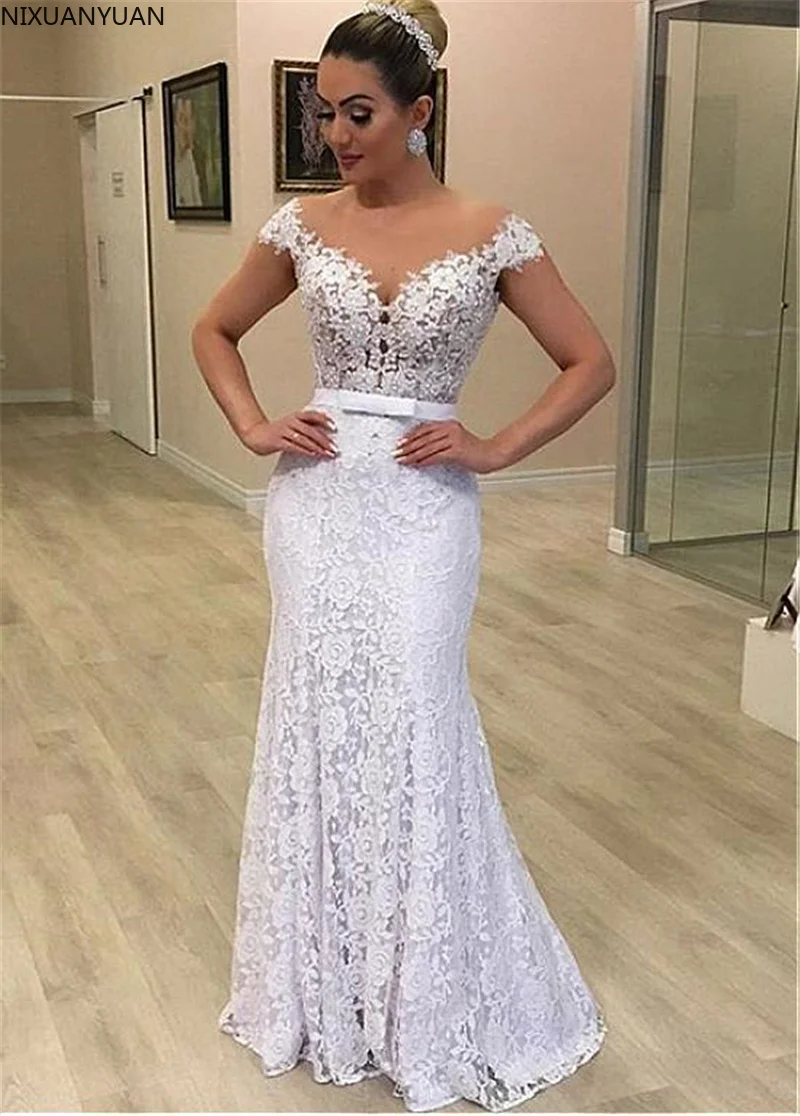 NIXUANYUAN Weiß Spitze 2 In 1 Meerjungfrau Hochzeit Kleider 2022 Kappe Ärmeln Abnehmbare Zug Brautkleid Vestido De Novia