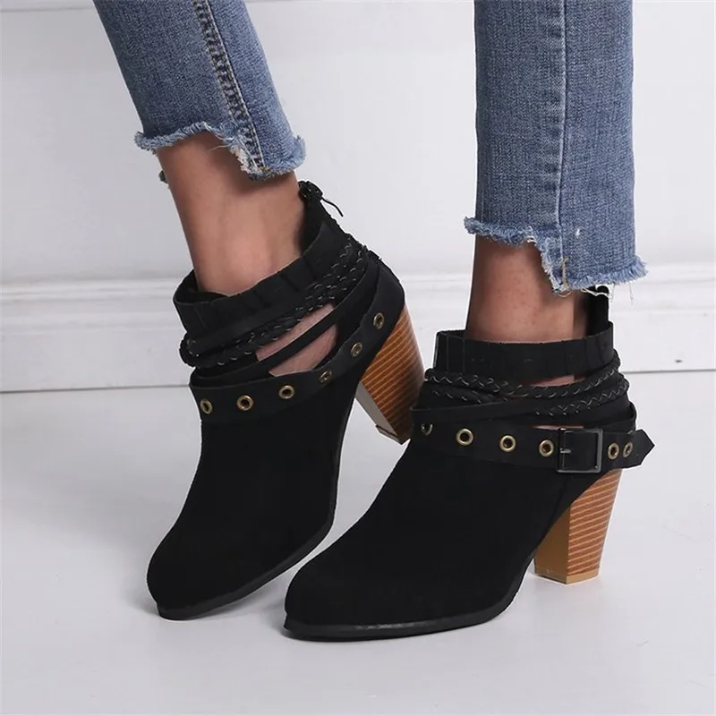 Women Boot Fashion Casual Ladies Shoes Buckle Fashions Boots Suede Leather Buckle Boots High Heeled Zipper Snow Shoes For Femme