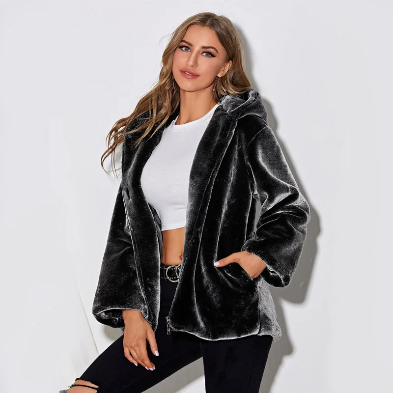 Winter Thick Warm Ladies Faux Fur Coat Hooded Black Soft Comfortable Advanced Fake Fur Women Long Sleeve Elegant Luxury Overcoat