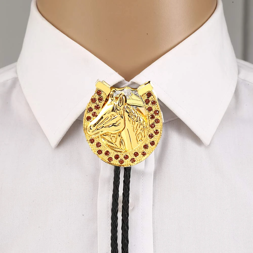 Gold U shape Horse head Rhinestone Bolo Tie For Man  Western cowboy Necktie  Bow Tie Leather Collar Rope Ladies Accessories