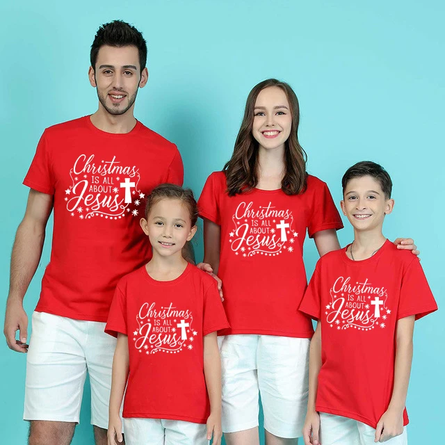 1pc Christmas Is All about Jesus Christmas Family Matching Clothes Baby Boys Girls and Parents Red Holiday Clothes Party Wear