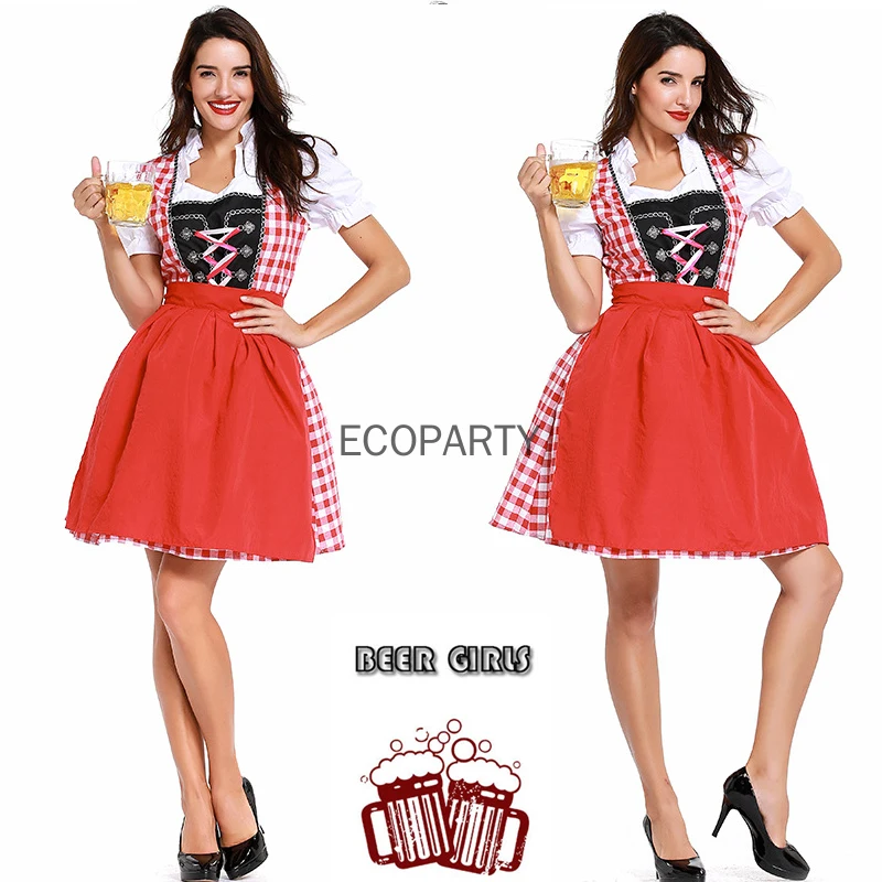 Costume da ragazza di birra Oktoberfest più nuovo tradizionale Costume da cameriera da cameriera scozzese rosso bavaresi tedesco Cosplay di carnevale di Halloween