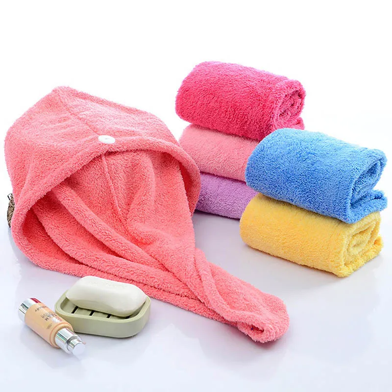 Microfiber Hair Towel Hair Cap With Button Feminine Bathroom Accessories Quick-drying Bathrobe Home Textile