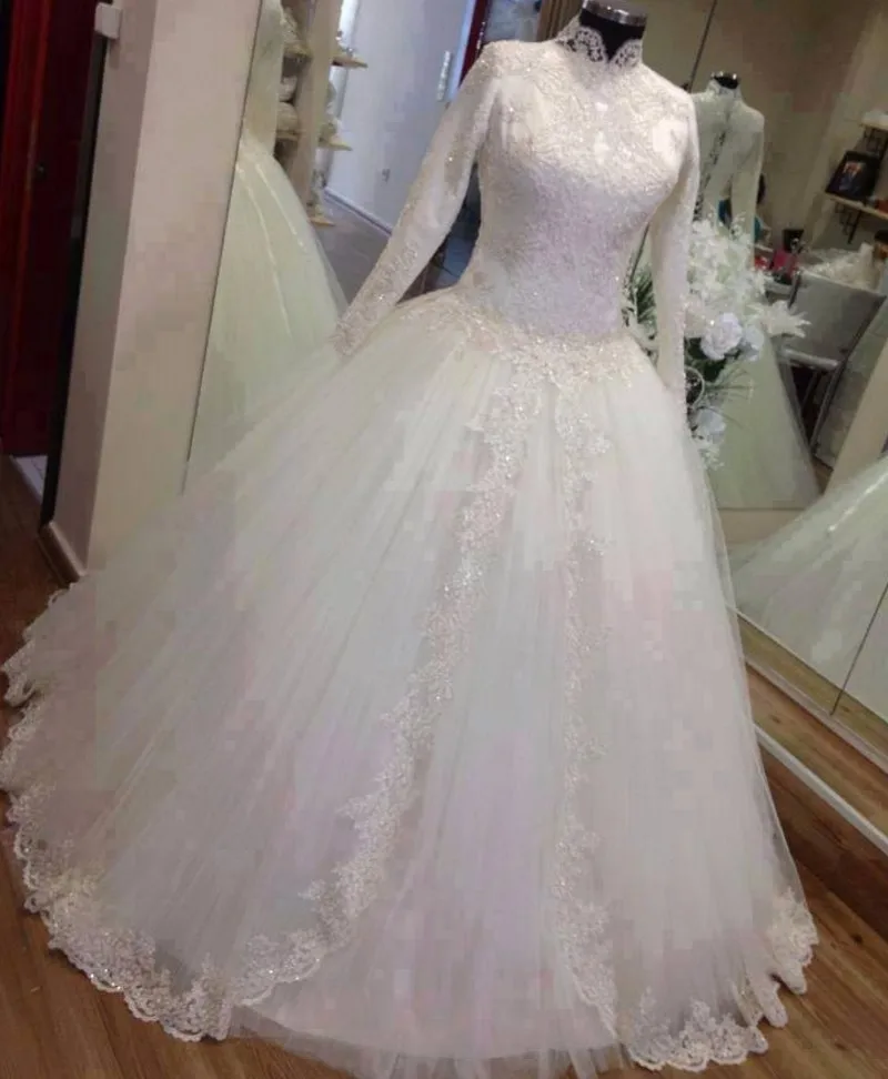 Vestido De Novia 2021 Long Sleeves Muslim Bridal Wedding Gown with Appliques Lace tulle A-line Simple Bride to be Dress