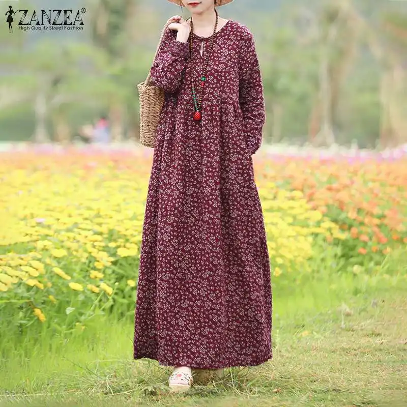 Fashion Floral Dress Women\'s Spring Sundress 2023 ZANZEA Casual Long Sleeve Maxi Vestidos Female Hollow Printed Robe