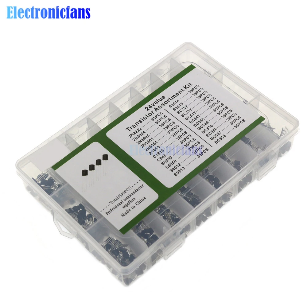 840Pcs 24 Values TO-92 Transistor Assortment Kit BC327 BC337 BC547 Transistor Triode 2N2222 3904 3906 C945 PNP NPN Transistors