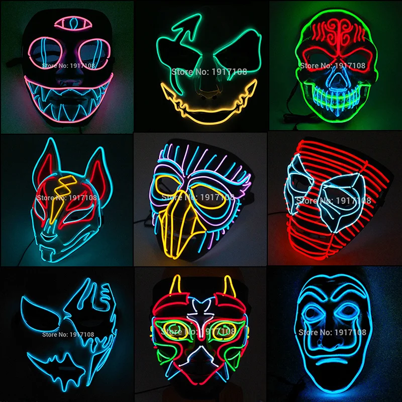 2024 Fashion LED Luminous Mask Carniva Halloween Mask LED Light Up Party Mask Festival Glow Party Mask Supplies Glow in the Dark