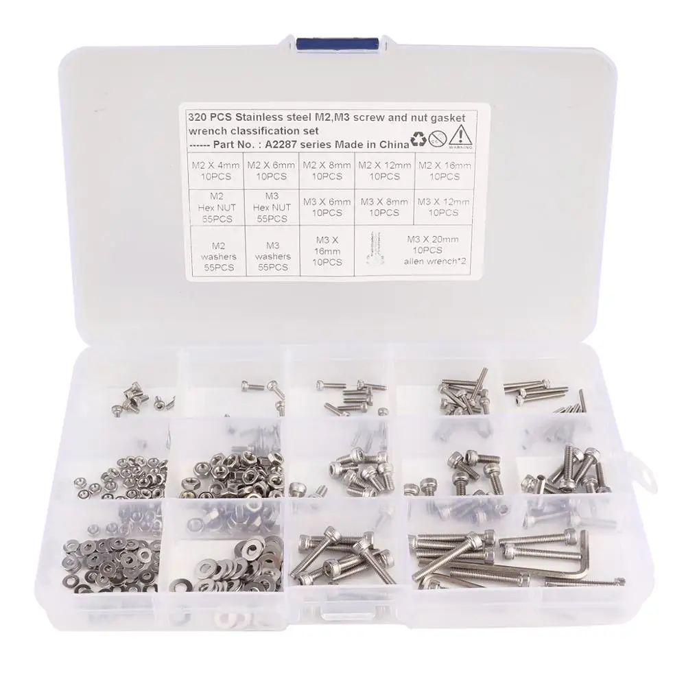 

320pcs/Lot M2/M3 304 Stainless Steel Hexagon Socket Head Cap Socket Screws Hex Bolt Nuts and Washers Screws Set with Allen Key