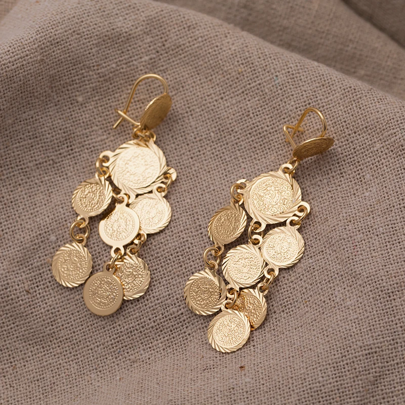 Wando Dubai Golod Color Coin Earrings for Women/School Girls Gold Color Jewelry Earring Arab Coins Middle East for Girls