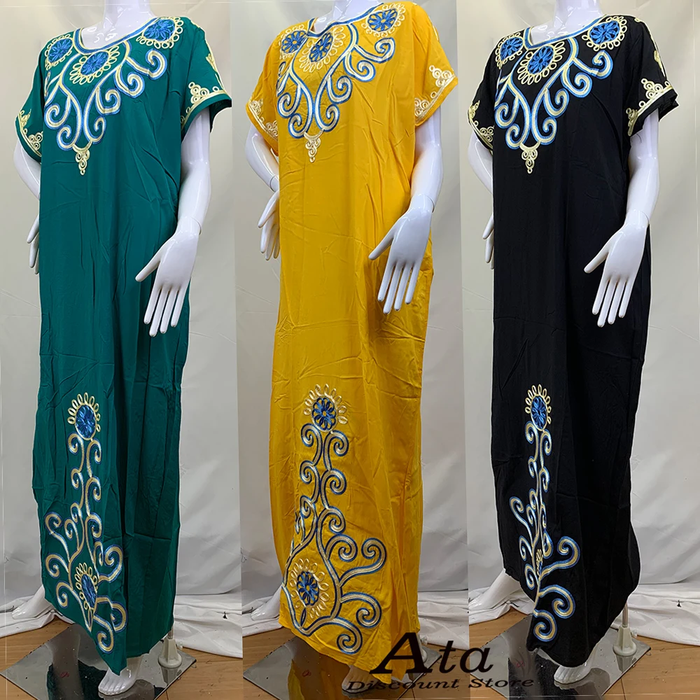 Saudi Dubai Abaya For Muslim Lady Cotton Embroidery Long Loose African Femme Dresses With Cotton Scarf Middle East New Fashion