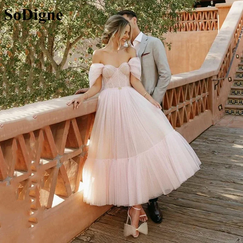 Sodigne Roze Dot Tulle Prom Dress 2023 Sweetheart Korte Mouwen Avondjurken Thee-Lengte A-lijn Partij Jurken Voor Vrouwen