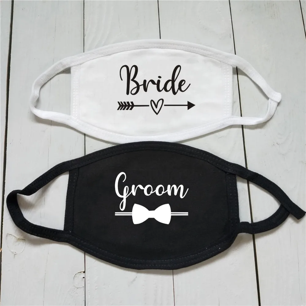 

Bride Groom Wedding Face Mask Non Medical Cotton Wedding Party Guest Mask Printed Text White Black Couple Masks Party Favors