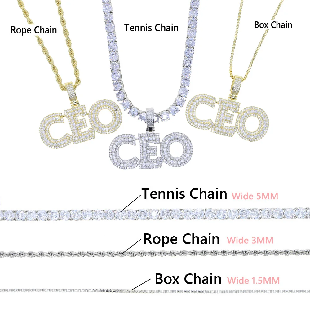 New Letter CEO Pendant Necklace Tennis Chain Iced Out Cubic Zirconia Sliver Color CZ Stone CEO Choker Hip Hop For Men Women