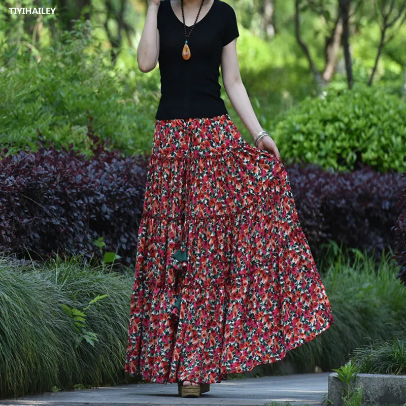 TIYIHAILEY spedizione gratuita 2021 New Fashion Long Maxi A-line Elastic Waist Women Summer Cotton Print Flower Red Big Hem Skirt