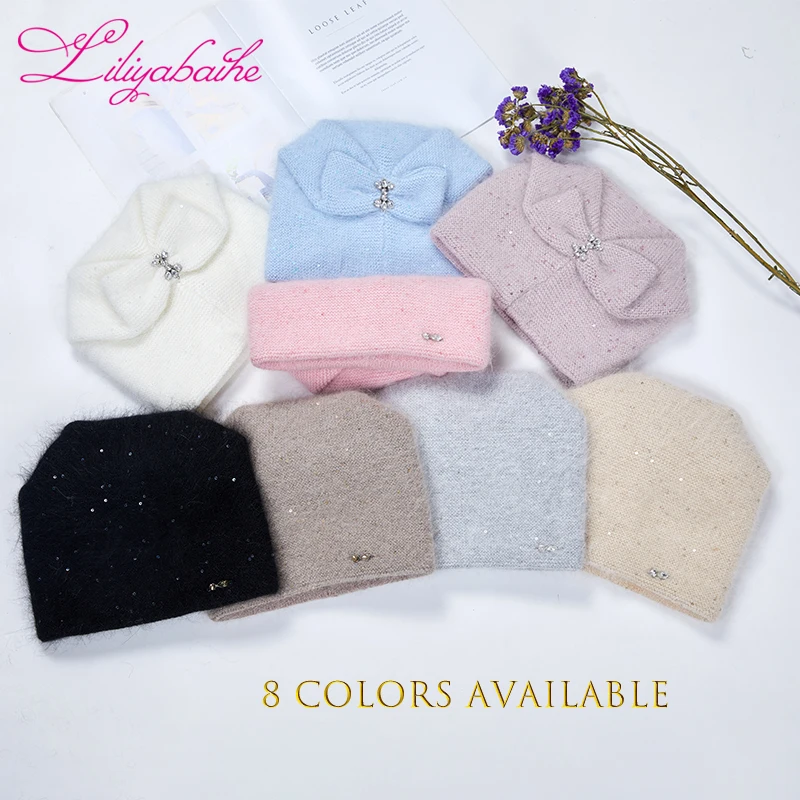 Liliyaibaihe Women hat Front and back diamond butterfly decoration For the girl Autumn winter Angora hats