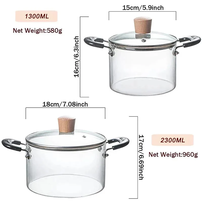 YMEEI 2.3L Household Glass Cooking Pot Heat-resistant Soup Pot Transparent Salad Instant Noodle Bowl Kitchen Cookware Saucepan