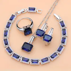 925 Silver Party Jewelry Blue Sapphire White CZ Jewellry Sets for Women Earrings/Pendant/Necklace/Rings/Bracelet