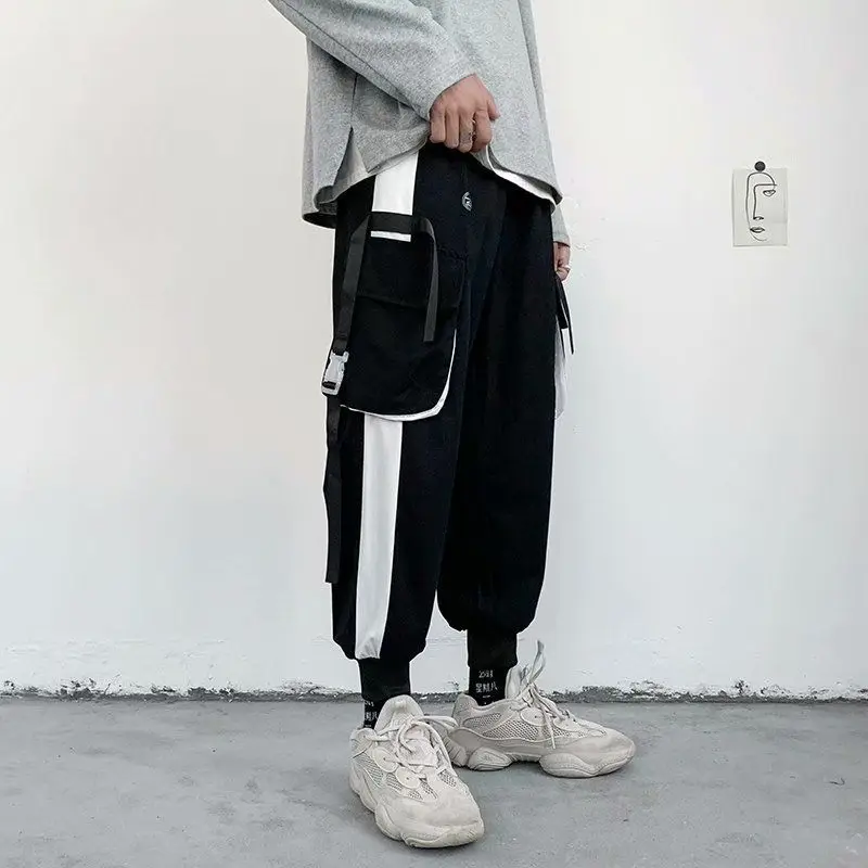 Summer Cargo Pants Mens Ribbon Beam Feet Korean Version Fashion Loose Street Hip-hop Harem Pants Bib Overall Joggers Sweatpants