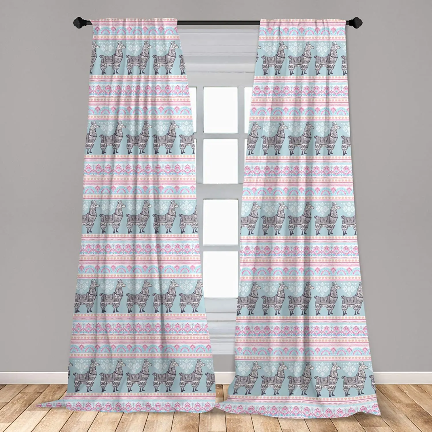 Llama Curtain for Kids Room Horizontal Borders withed Alpaca Animal and Folkloric Ornaments Lightweight Window Drapes