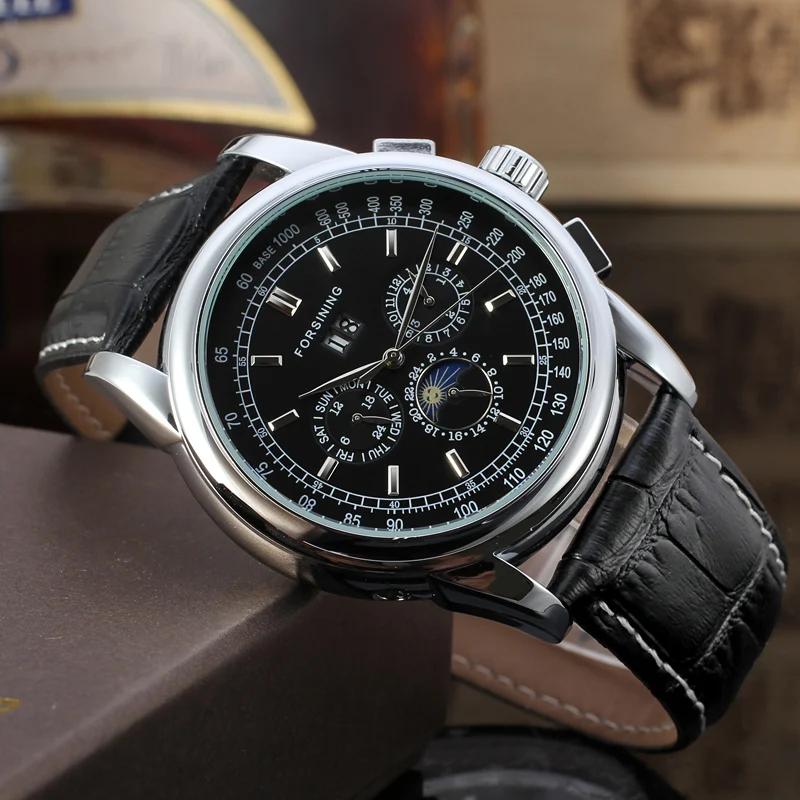 FORSINING Three eyes six pin scale mechanical watch circular black belt wrist watch Men's mechanical watch