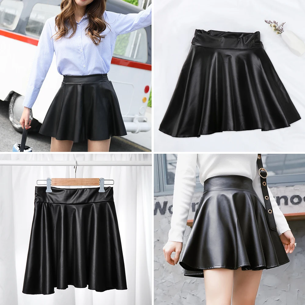 Women Girls Multipurpose Skater Elastic High Waist Faux Leather Skirts Short Skirt Mini