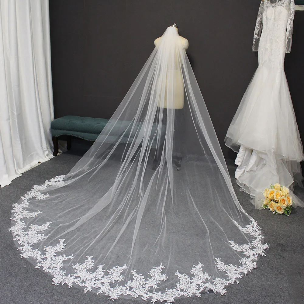 Voile de mariage Long en dentelle avec peigne, 3 mètres, pour la mariée, une couche, blanc ivoire, accessoires de mariage