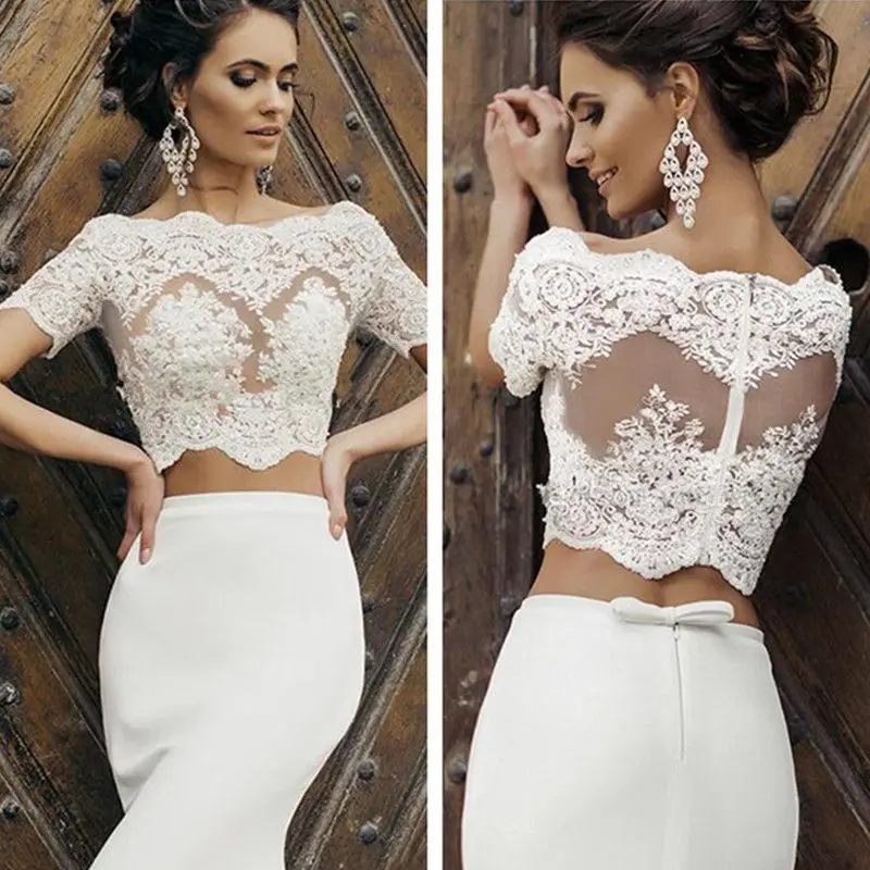 New Sexy Wedding Short 3/4 Sleeves Jacket Bolero Wraps Topper Cover Up Lace Appliques Women White/Ivory Bridal Jackets