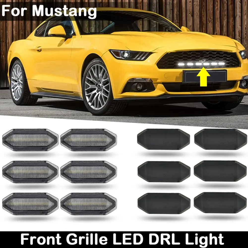 6Pcs Smoked Lens or Clear Lens Front Upper Grill Mesh Grille White LED DRL Daytime Light For Ford Mustang 2015-2019