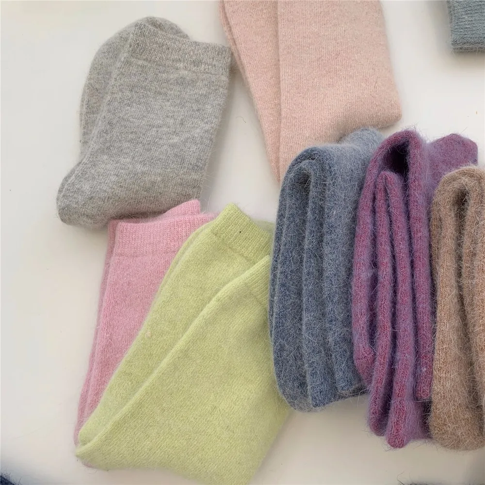 OMEA Angora Rabbit Fur Wool Blended Winter Socks Women Solid Christmas Gift Thicken Fashion Fuzzy Socks Luxury Stockings Kawaii